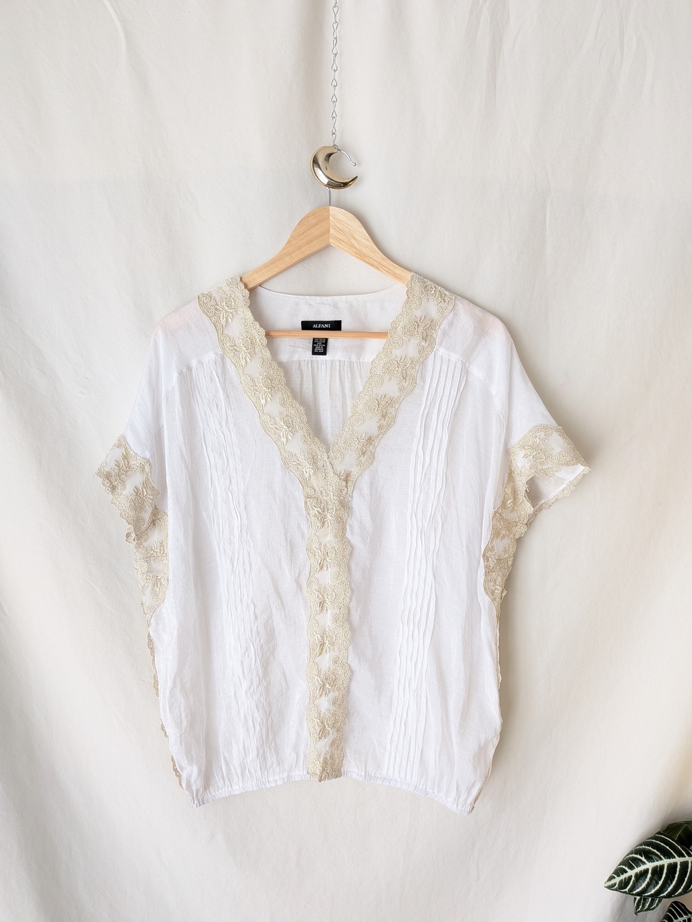 Alfani White Tunic with Cream Lace Trim
